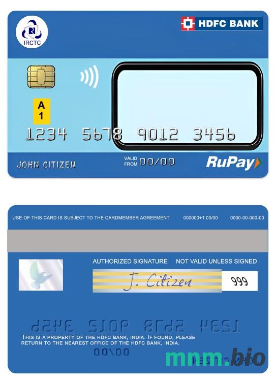 India IRCTC HDFC Bank RuPay Credit karta w pełni edytowalne PSD